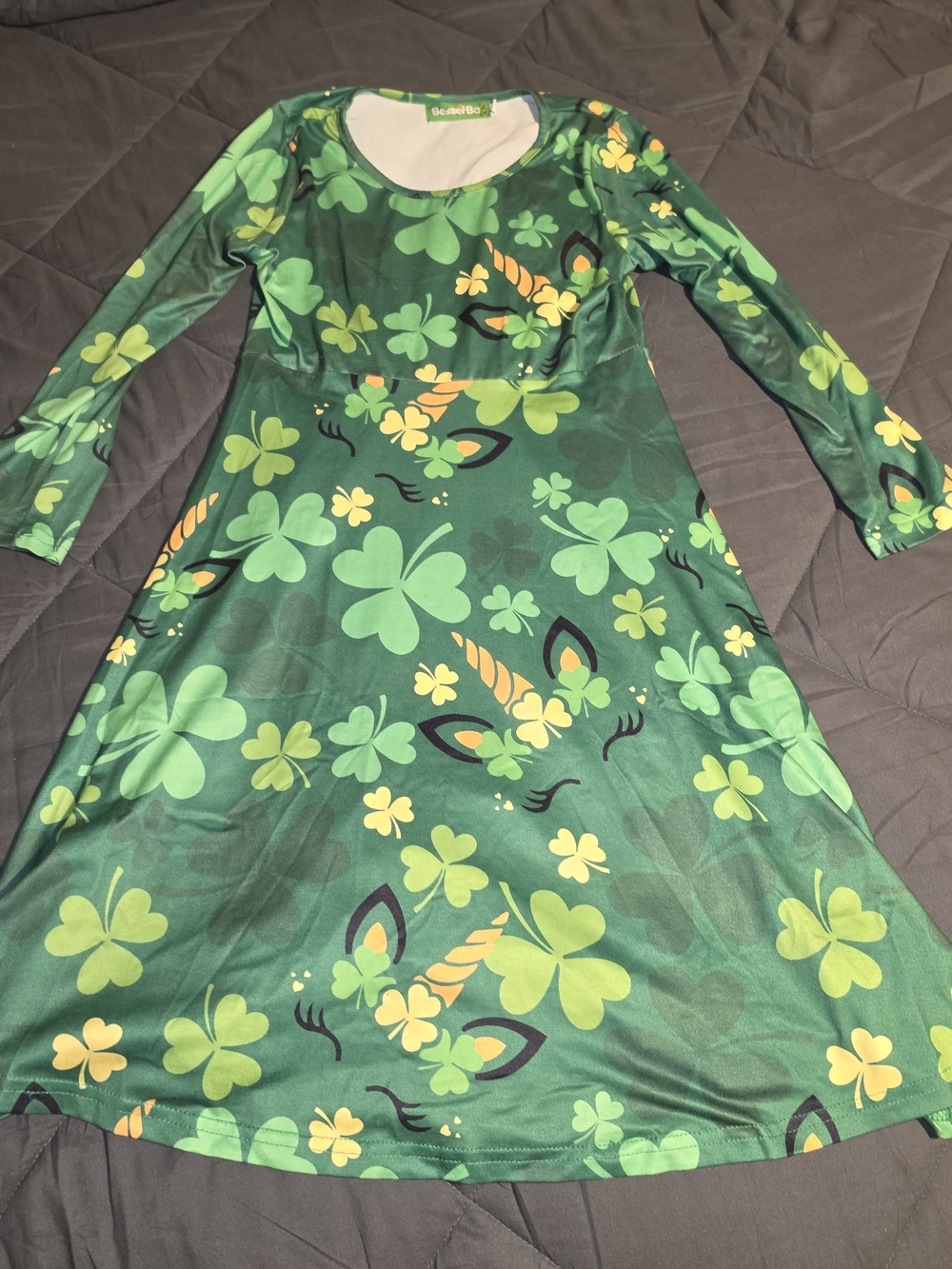 Green Clover Unicorn Print Long Sleeve Girls' Dress